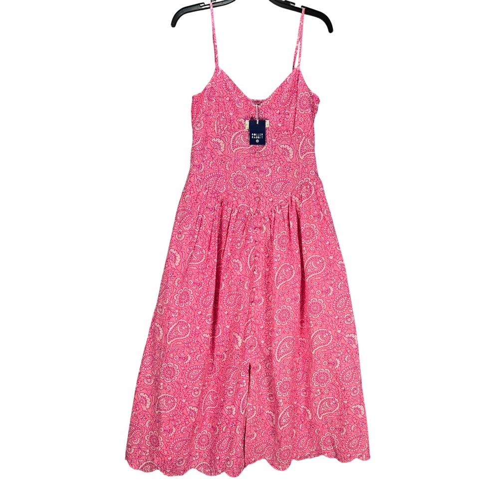 Roller Rabbit Pink Paisley Swiss Dot Smocked Midi Dress XS Adjustable Straps NEW